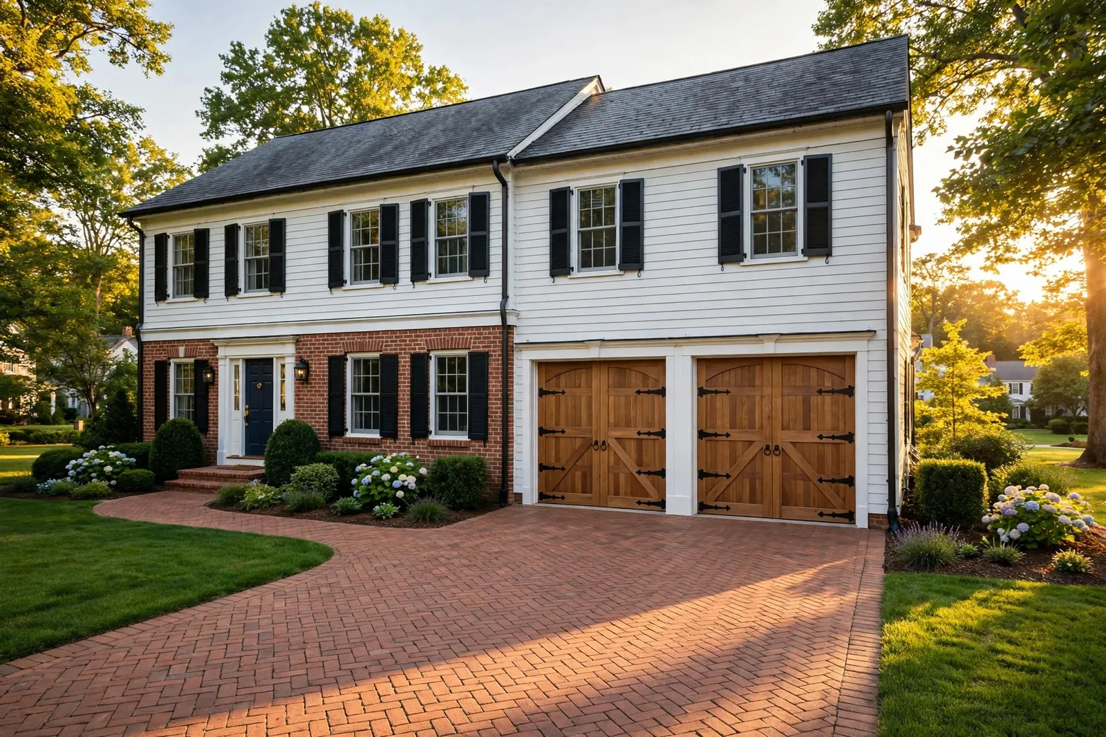 Carriage House Garage Doors —  Steel Carriage House Door on a Brick Colonial in Sheffield by Waldorf Garage Door Repair